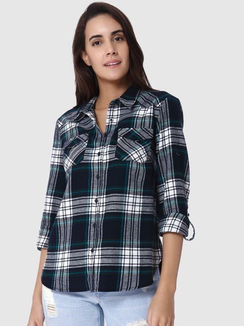 

Vero Moda Women Navy Blue & White Regular Fit Checked Casual Shirt