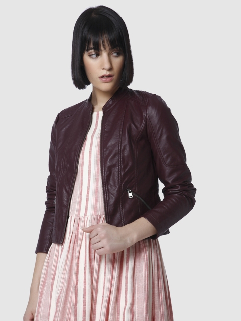 

Vero Moda Women Burgundy Solid Biker Jacket