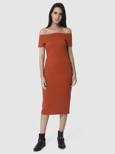 

Vero Moda Women Rust Red Solid Off-Shoulder Sheath Dress