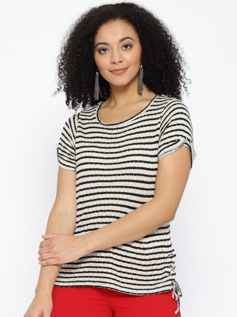 

Vero Moda Women Black & Off-White Striped Round Neck T-shirt