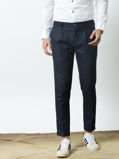 

Mr Bowerbird Men Navy Blue Modern Pleated Cropped Trousers