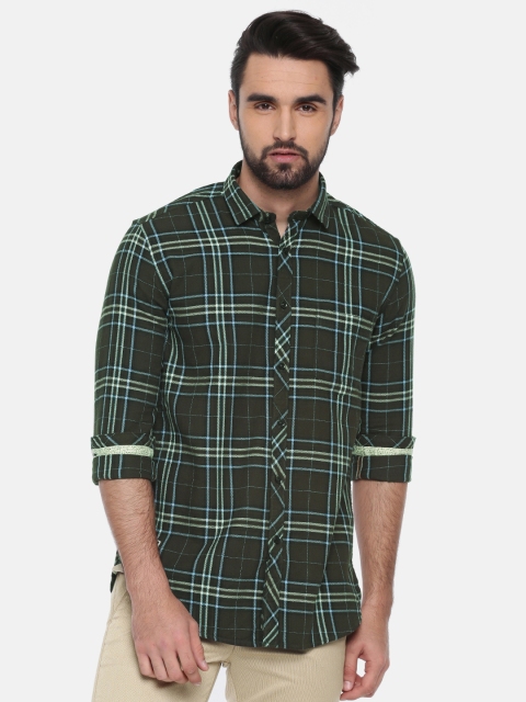 

Killer Men Olive Green & Blue Slim Fit Checked Casual Shirt
