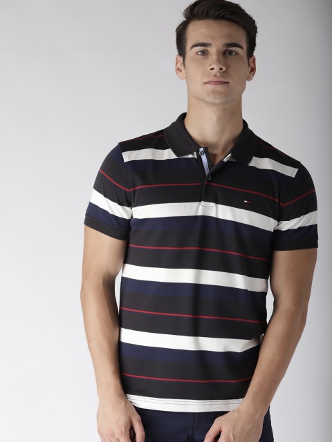 

Tommy Hilfiger Men Black & Navy Striped Polo Collar T-shirt