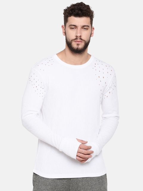 

SKULT by Shahid Kapoor Men Off-White Distressed Round Neck T-shirt