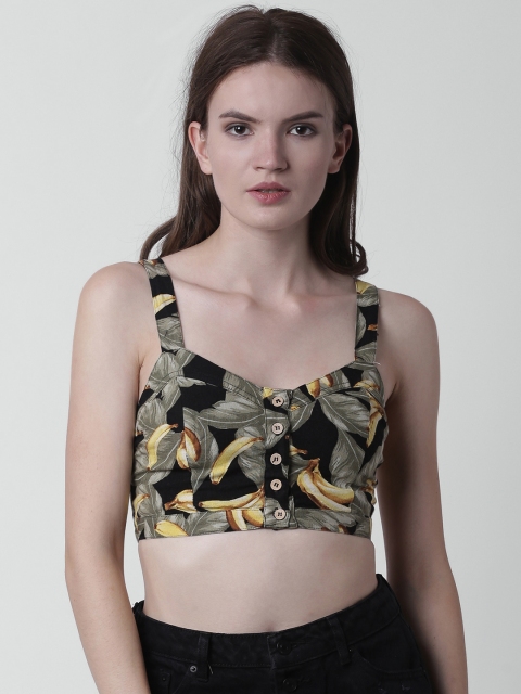 

FOREVER 21 Women Black & Olive Green Printed Crop Fitted Top