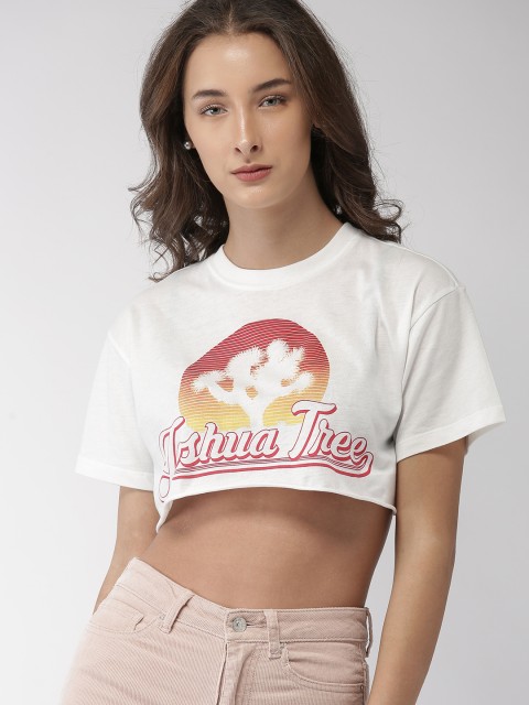 

FOREVER 21 Women White Printed Round Neck Crop T-shirt