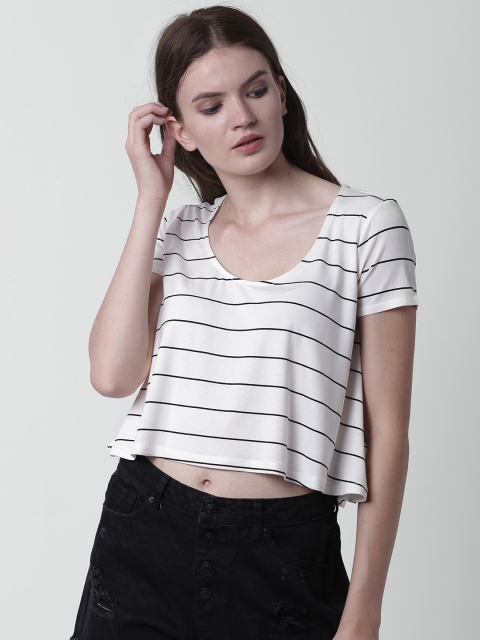 

FOREVER 21 Women Cream-Coloured & Black Striped Crop Boxy Top