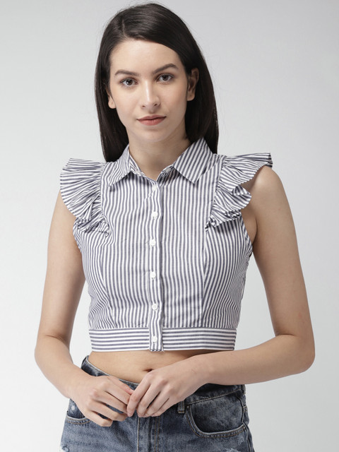 

FOREVER 21 Women White & Navy Blue Regular Fit Striped Casual Shirt
