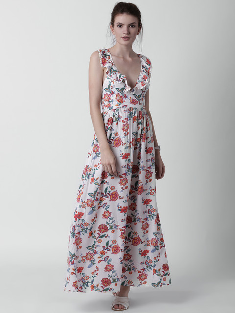 

FOREVER 21 Women White & Green Printed Styled-Back Maxi Dress