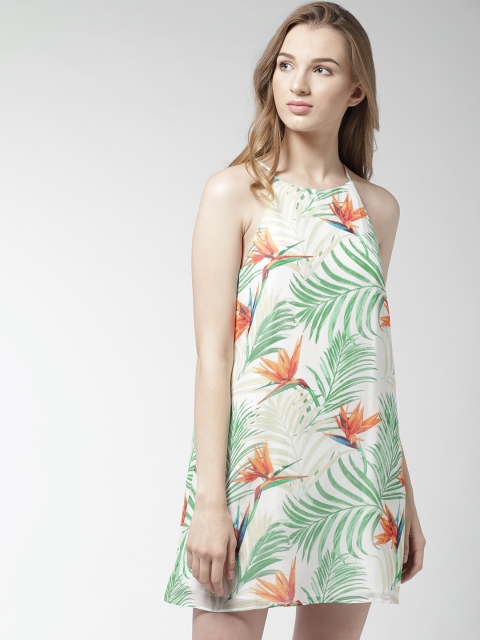 

FOREVER 21 Women White & Green Printed Mini A-Line Dress