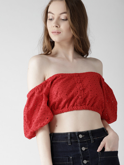 

FOREVER 21 Women Red Embroidered Crop Bardot Top