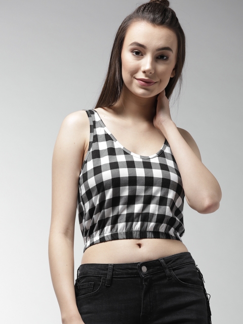 

FOREVER 21 Black & White Checked Blouson Pure Cotton Top