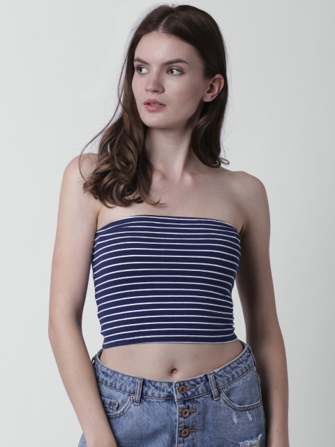 

FOREVER 21 Women Navy & White Striped Crop Tube Top, Navy blue