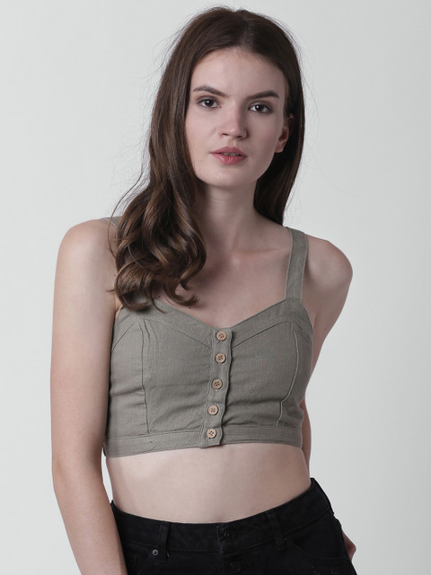 

FOREVER 21 Women Olive Green Solid Crop Fitted Top