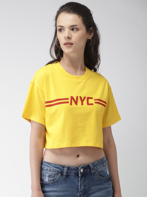 

FOREVER 21 Women Yellow Printed Round Neck T-shirt