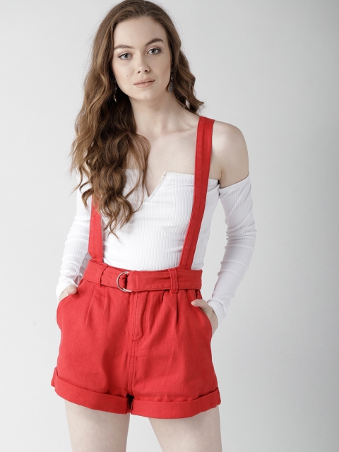 

FOREVER 21 Women Red Solid Denim Shorts with Suspenders