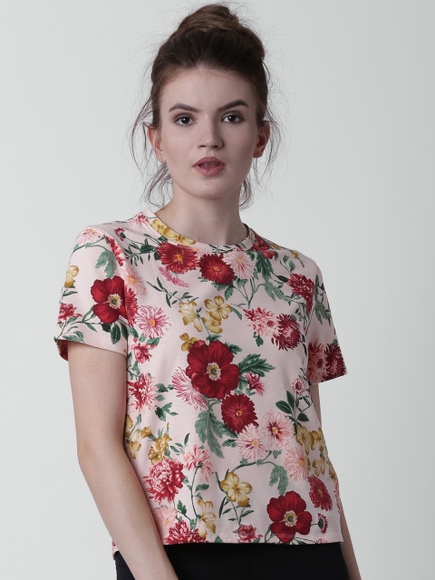 

FOREVER 21 Women Peach-Coloured & Red Printed Top
