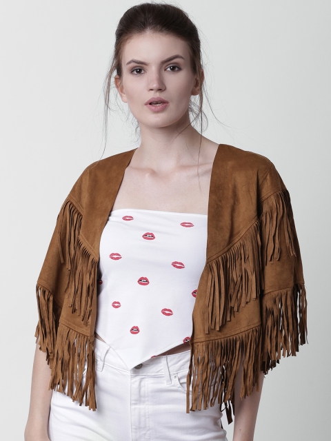

FOREVER 21 Brown Fringed Open Front Shrug with Suede Finish
