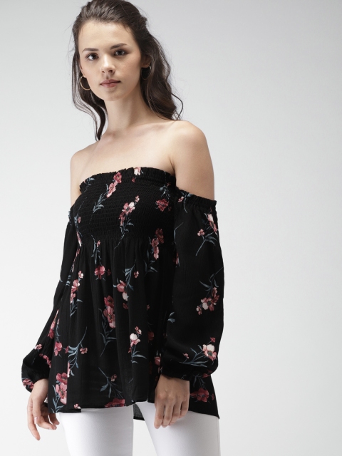 

FOREVER 21 Women Black Printed Bardot Top