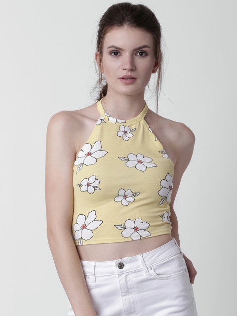 

FOREVER 21 Women Yellow & White Printed Fitted Top