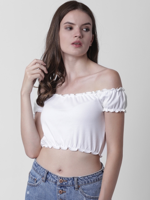 

FOREVER 21 Women White Solid Crop Bardot Top