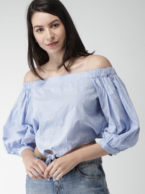 

FOREVER 21 Women Blue Striped Bardot Top