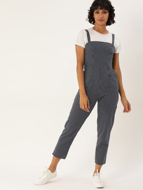 

FOREVER 21 Women Navy Blue & White Striped Capri Jumpsuit