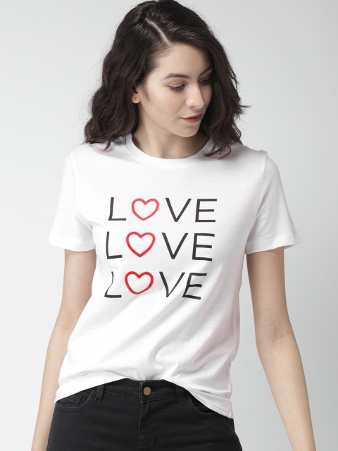

FOREVER 21 Women White Printed Round Neck T-shirt