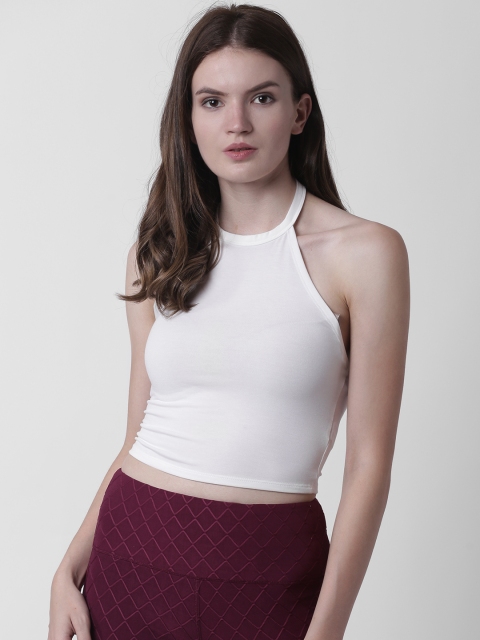 

FOREVER 21 Women Off-White Solid Crop Fitted Top