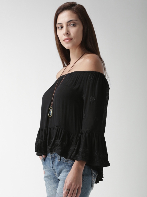 

FOREVER 21 Women Black Self Design Bardot Top