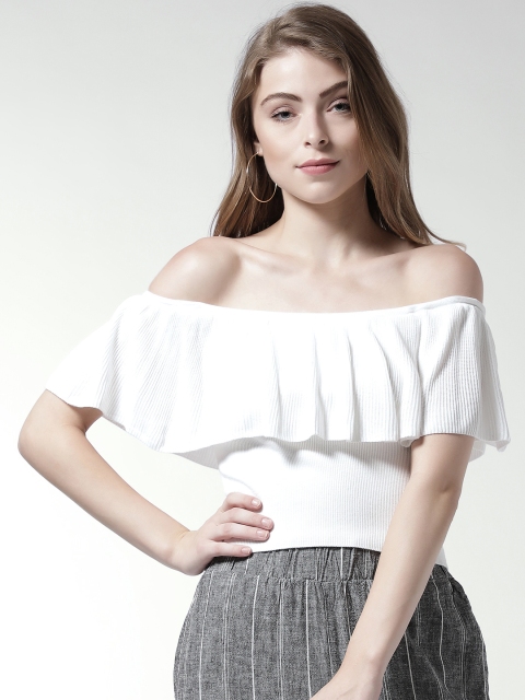 

FOREVER 21 Women White Solid Bardot Top
