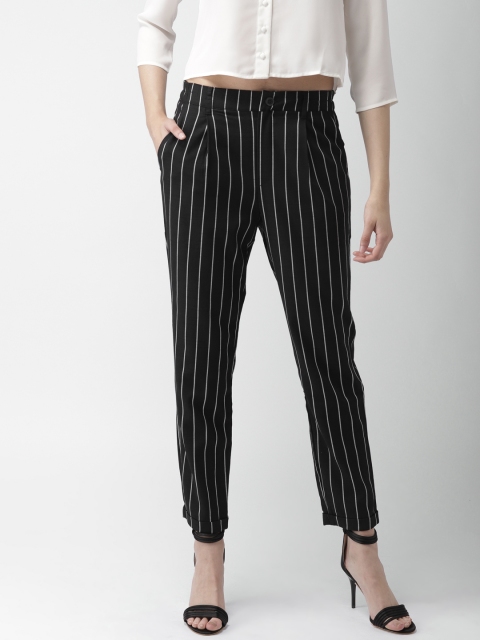

FOREVER 21 Women Black & White Regular Fit Striped Regular Trousers