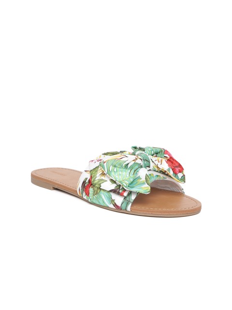 

FOREVER 21 Women White & Green Printed Open Toe Flats