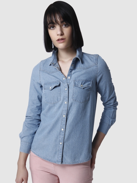 

Vero Moda Women Blue Regular Fit Faded Denim Casual Shirt