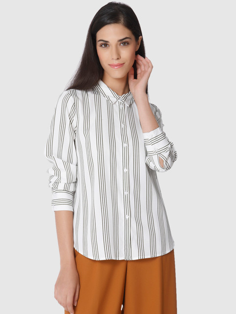 

Vero Moda Women White & Green Regular Fit Striped Casual Shirt