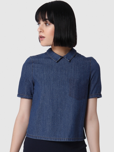 

CUTECUMBER Girls Navy Blue Solid Denim Top