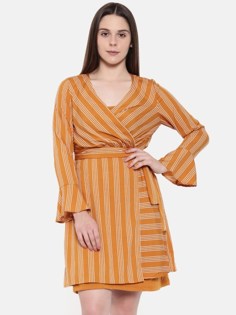 

Vero Moda Women Mustard & White Striped Wrap Dress