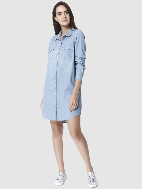 

Vero Moda Women Blue Solid Denim Shirt Dress
