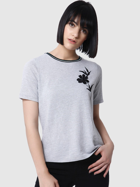 

Vero Moda Women White & Grey Striped Round Neck T-shirt