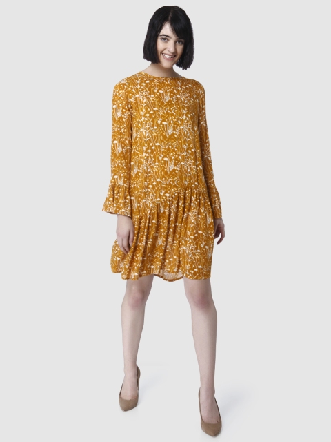 

Vero Moda Women Mustard & Off-White Printed A-Line Dress