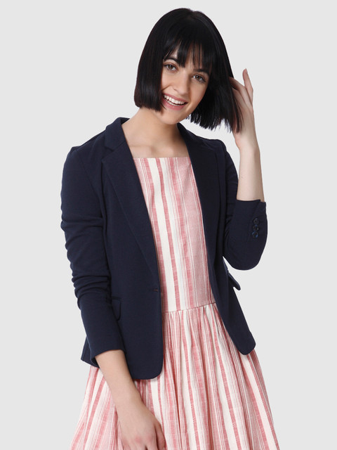 

Vero Moda Women Navy Solid Single-Breasted Casual Blazer, Navy blue