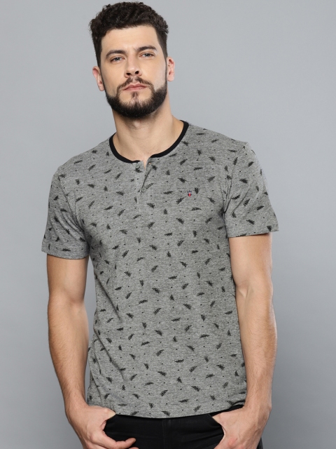 

Louis Philippe Jeans Men Grey & Black Printed Henley Neck T-shirt