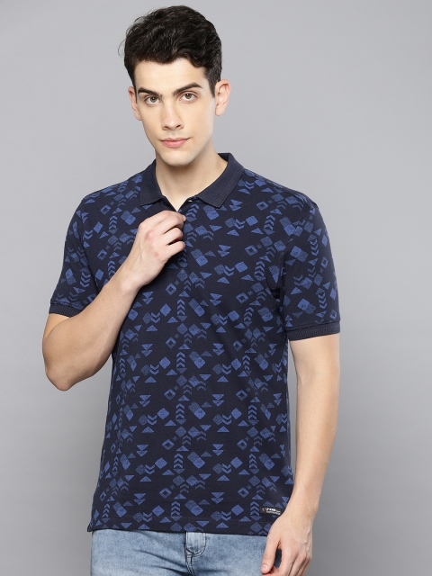 

Louis Philippe Jeans Men Navy Printed Polo Collar Pure Cotton T-shirt, Navy blue