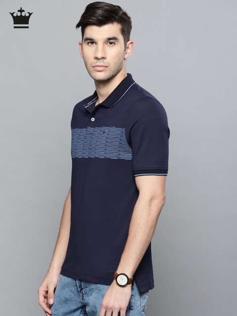 

Louis Philippe Men Navy Striped Polo Collar T-shirt, Navy blue
