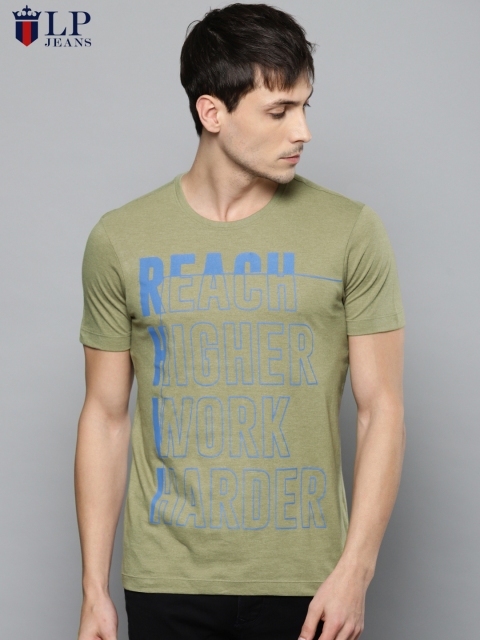 

Louis Philippe Jeans Men Olive Green Printed Slim Fit Round Neck T-shirt