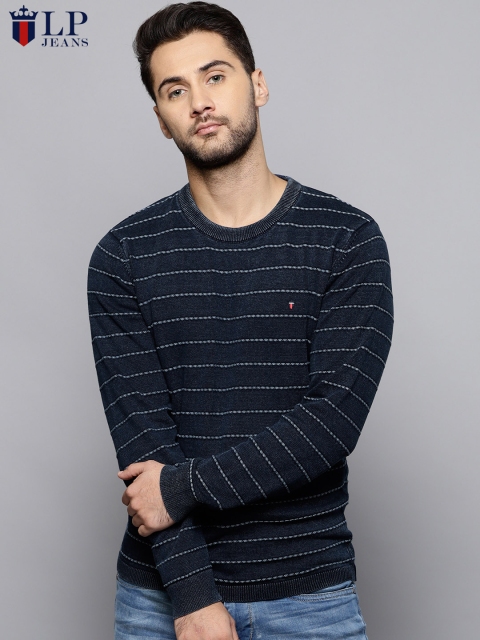 

Louis Philippe Jeans Men Navy Blue Striped Pullover