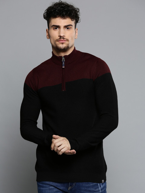 

Louis Philippe Sport Men Black & Burgundy Colourblocked Pullover