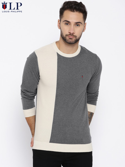 

Louis Philippe Sport Men Charcoal Grey & Beige Colourblocked Pullover