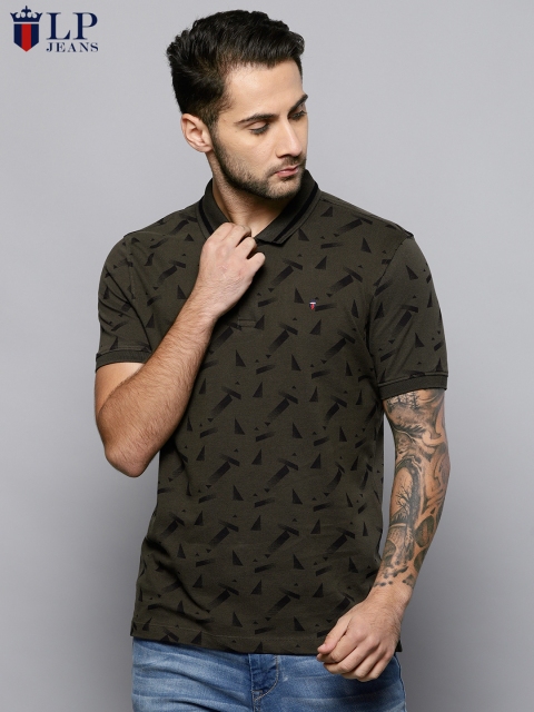 

Louis Philippe Jeans Men Olive Green & Black Printed Polo Collar T-shirt