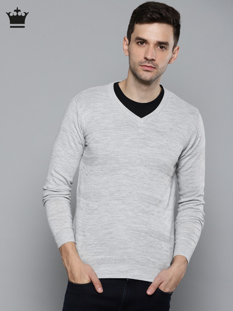 

Louis Philippe Men Grey Melange Self Design Pullover
